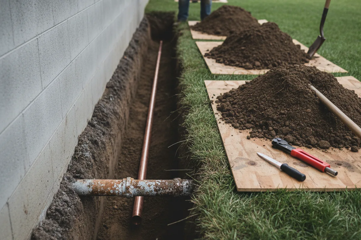 Excavated water line trench during Water Heater Repair in Oconee